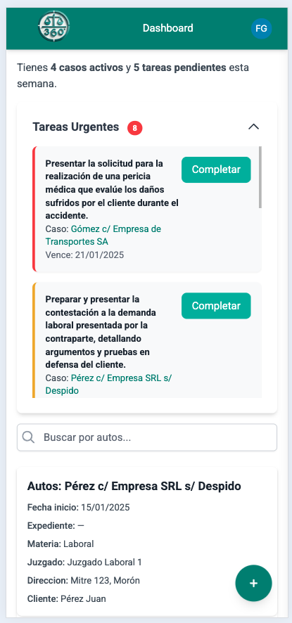 Vista del Dashboard en dispositivo móvil